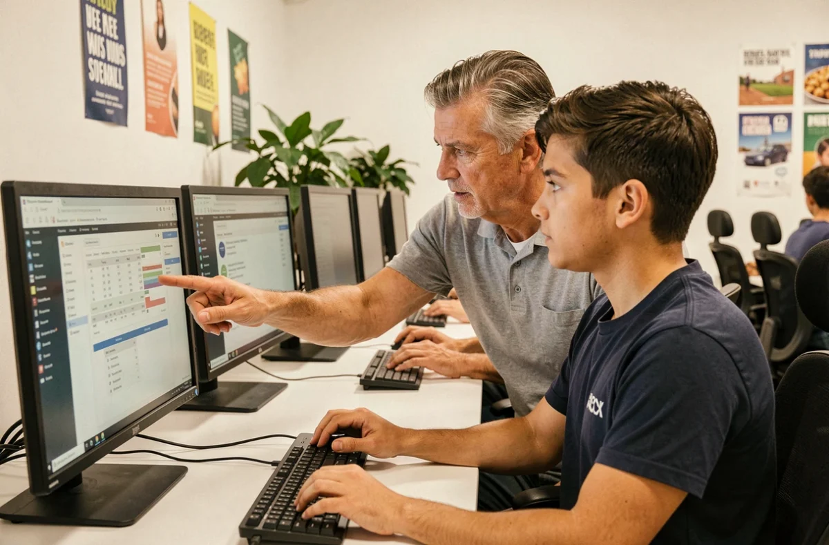 Formateur ABCI Formation guidant un apprenant sur un logiciel de gestion dans une salle informatique professionnelle