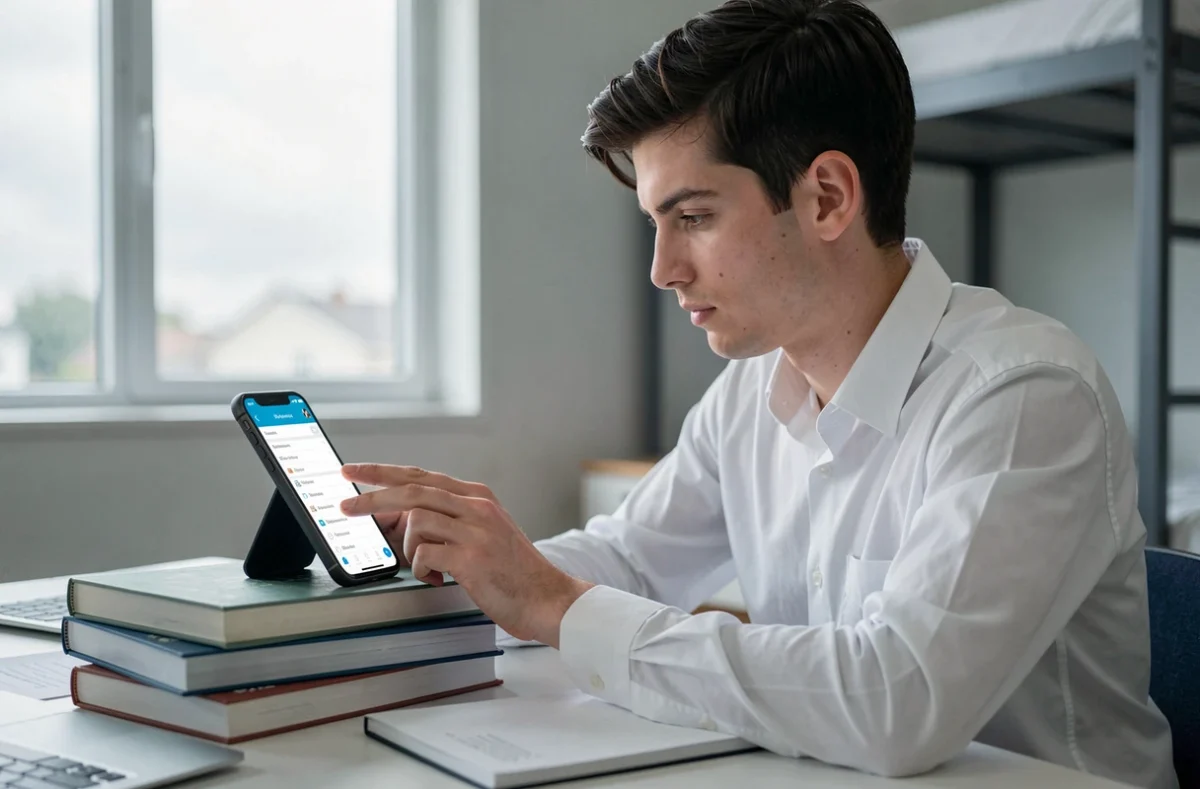 Étudiant accédant à l'ENT sigma depuis son smartphone dans une chambre universitaire