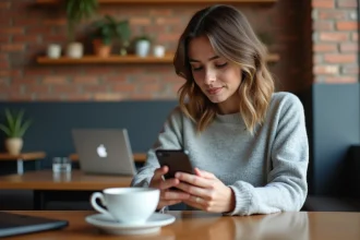 Jeune femme accédant à un portail académique sur son smartphone dans un café moderne