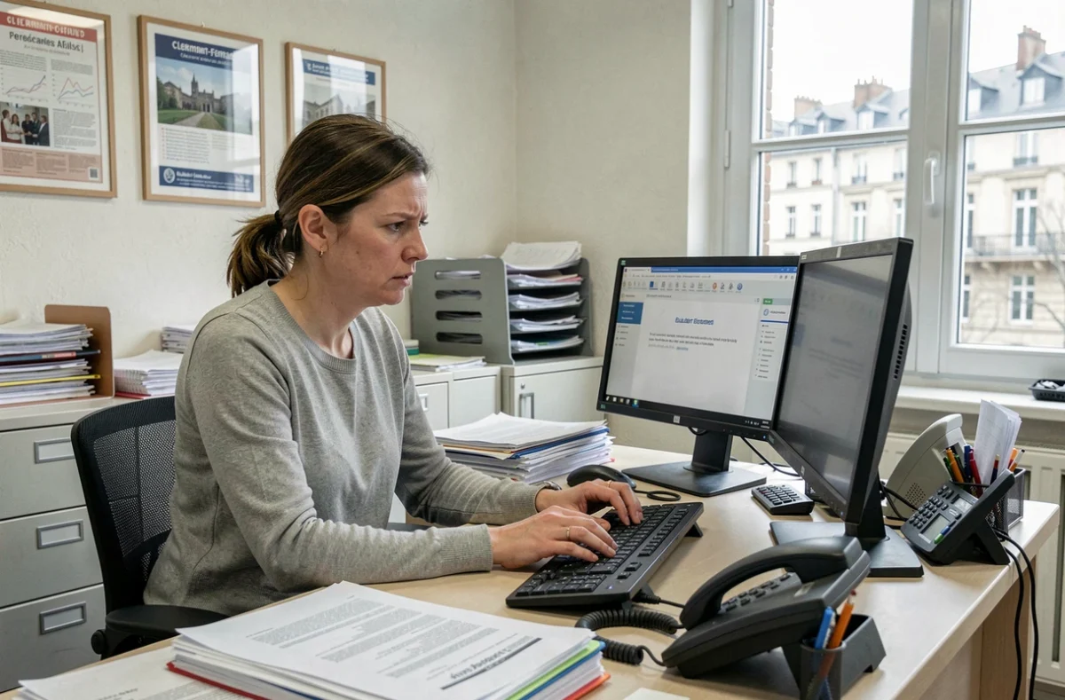 Assistante administrative cherchant une solution d'urgence face à la boîte académique de Clermont-Ferrand indisponible dans un bureau institutionnel