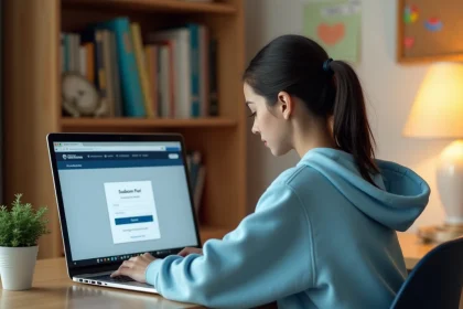 Adolescente connectée à l'ENT eschool sur son ordinateur portable dans sa chambre pour la rentrée scolaire