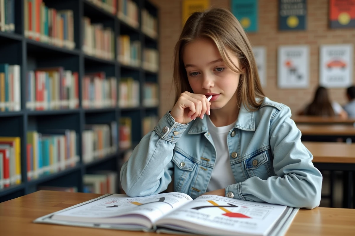 Adolescente révisant le cours ASSR2 dans une bibliothèque scolaire pour obtenir son permis de conduire