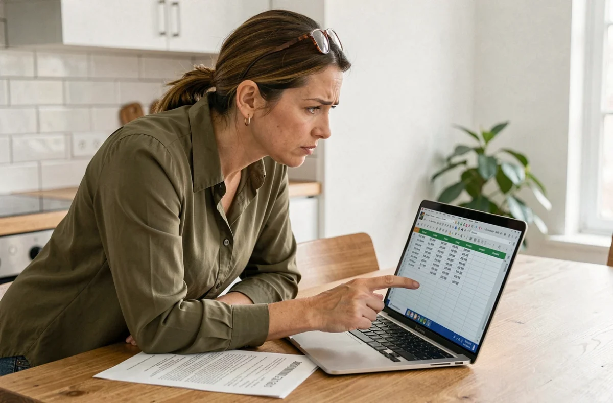 Femme adulte analysant un tableau de notes avec coefficients sur un ordinateur portable à domicile