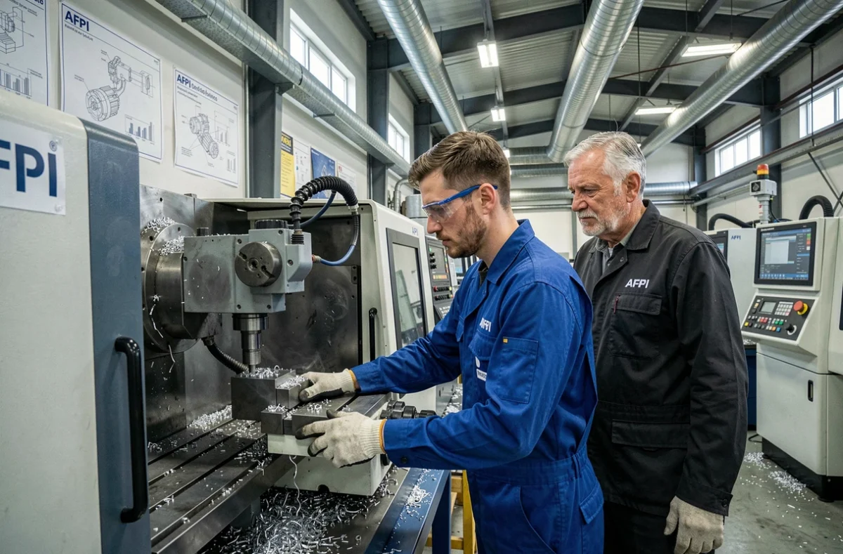 Stagiaire AFPI Centre-Val de Loire opérant une machine CNC sous la supervision d'un formateur en atelier industriel