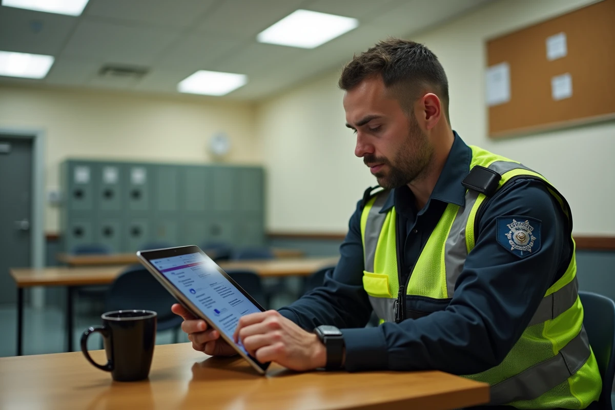 Agent de sécurité consultant un module e-learning sur tablette dans une salle de repos de commissariat