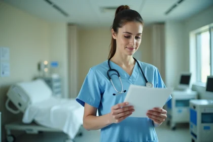 Aide-soignante consultant un protocole de soins dans une chambre d'hôpital moderne