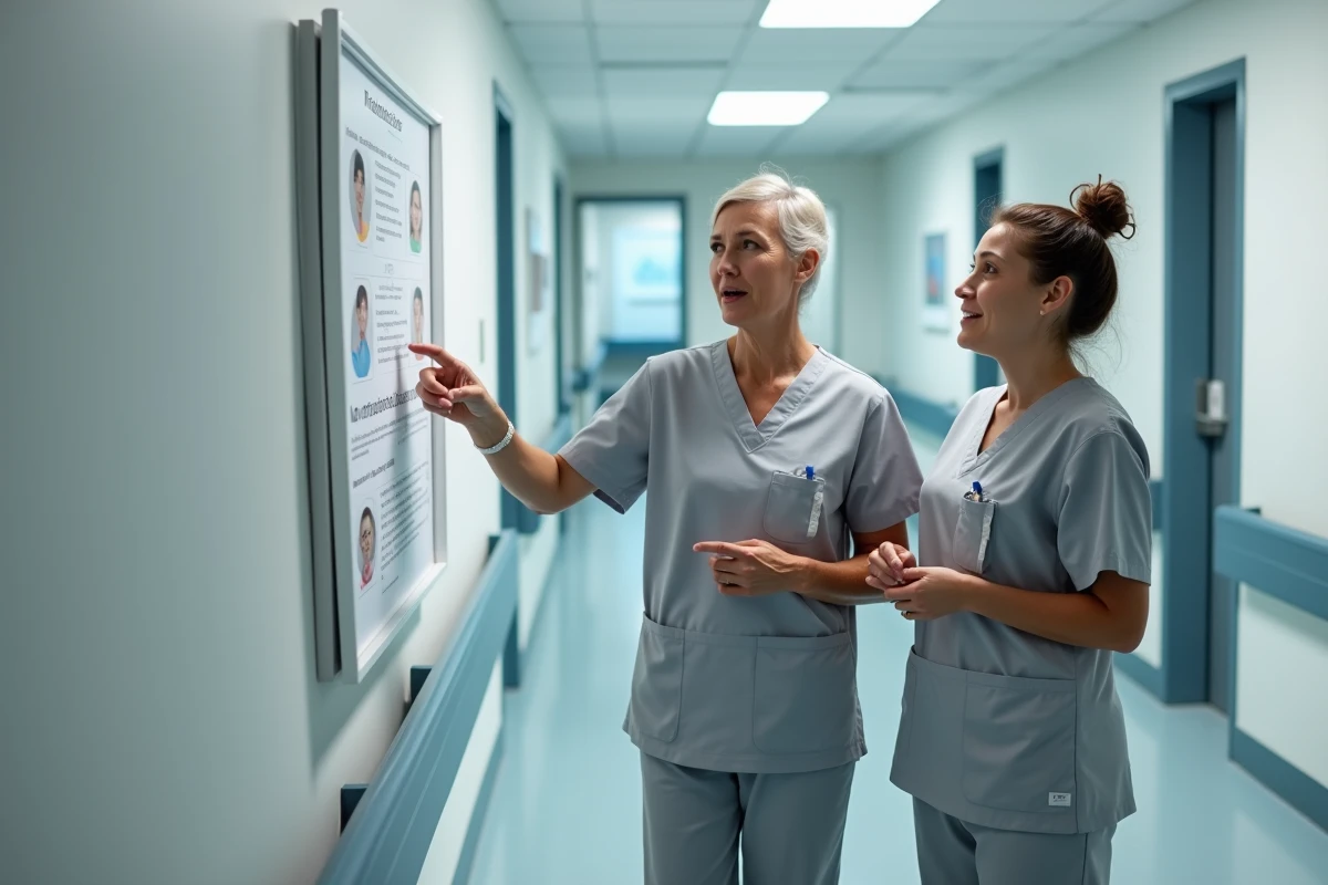 Deux aides-soignants échangeant sur les nouvelles pratiques de soins dans un couloir d'hôpital