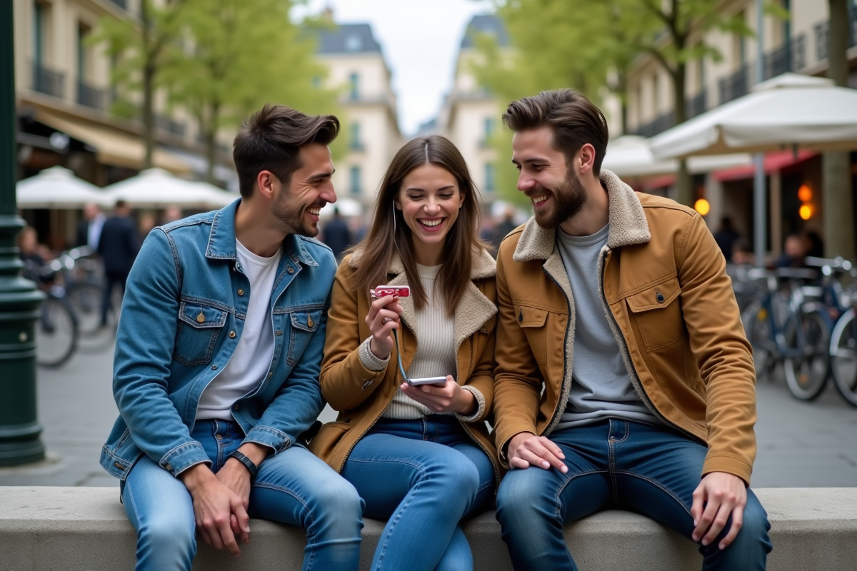 Trois amis riant en écoutant un podcast dans une place parisienne