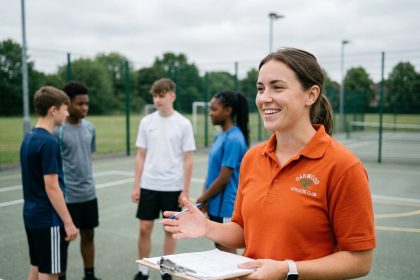 Jeune animatrice sportive guidant un groupe de jeunes sur un terrain de sport municipal, tenant un clipboard