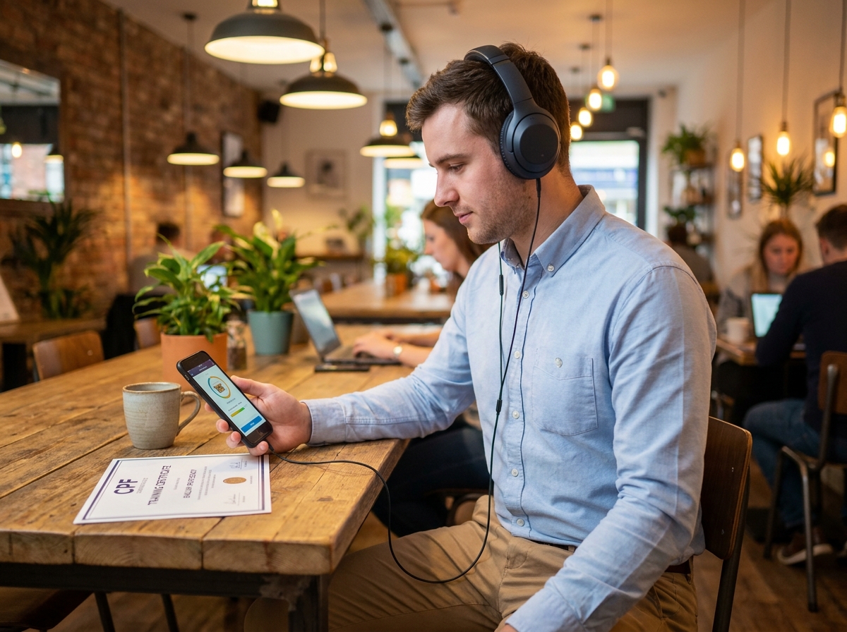 Jeune professionnel étudiant l'anglais via une application CPF dans un espace de coworking