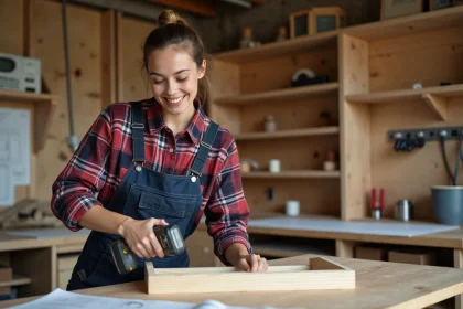 Femme en atelier assemble un meuble en bois avec perceuse
