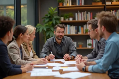 Groupe d'adultes divers lors d'un atelier interactif en intérieur
