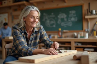 Femme en atelier de menuiserie avec outils et planche