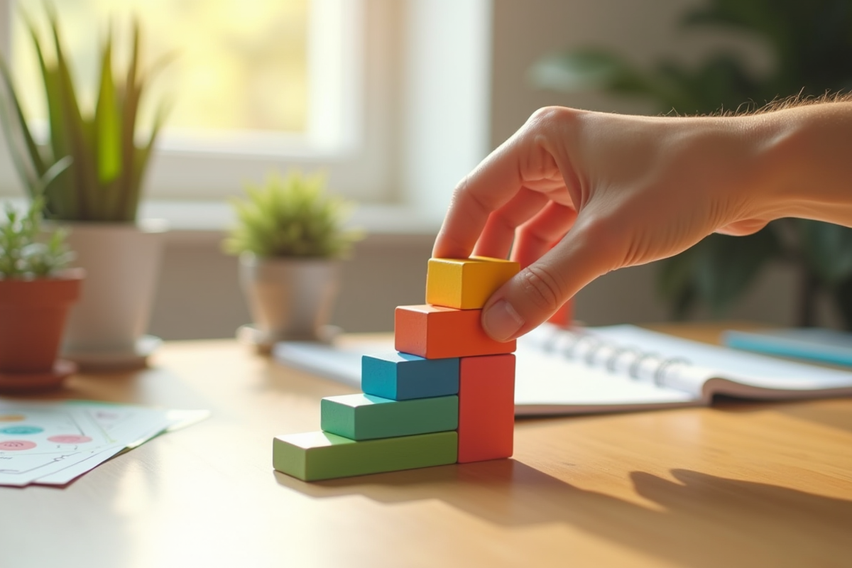 Main arrangeant des blocs colorés en escalier sur un bureau ensoleille