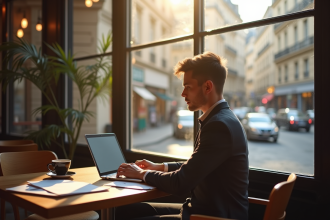 Jeune professionnel travaillant dans un café parisien lumineux