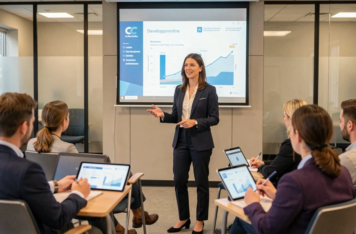 Formatrice de la CCI Le Mans Sarthe animant une session de formation professionnelle dans une salle de conférence moderne