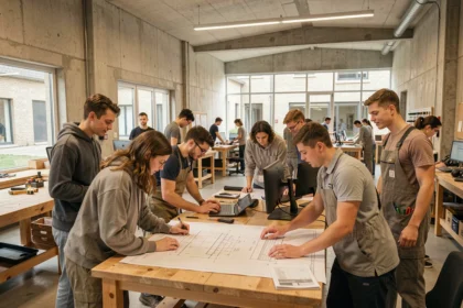 Groupe d'étudiants et formateurs dans un centre de formation professionnel de la Sarthe, vue d'ensemble d'un espace pédagogique moderne