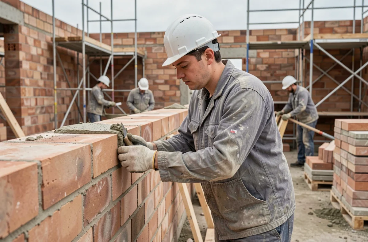 Apprenti du CFA BTP Sarthe pratiquant la maçonnerie sur un chantier pédagogique avec des murs en briques