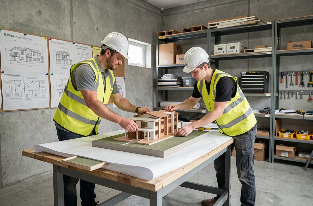 Apprentis du CFA CCI Le Mans Sarthe travaillant sur une maquette architecturale dans un atelier de formation aux métiers du bâtiment