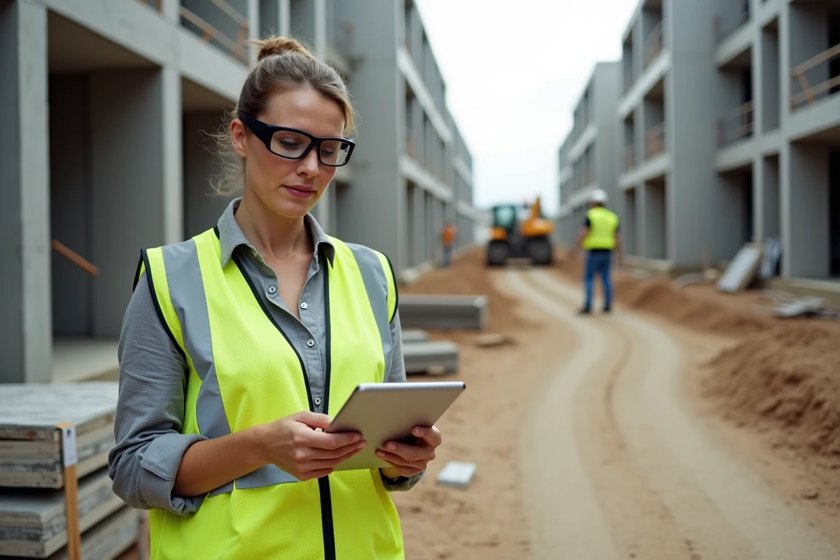 Femme cheffe de chantier consultant un module de formation BTP sur tablette au milieu d'un chantier de construction