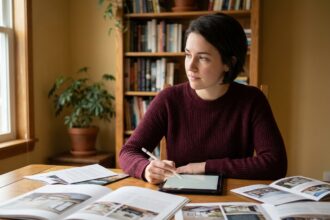 Jeune femme étudiante en design graphique comparant des brochures de formations et portfolios sur un bureau en bois à domicile