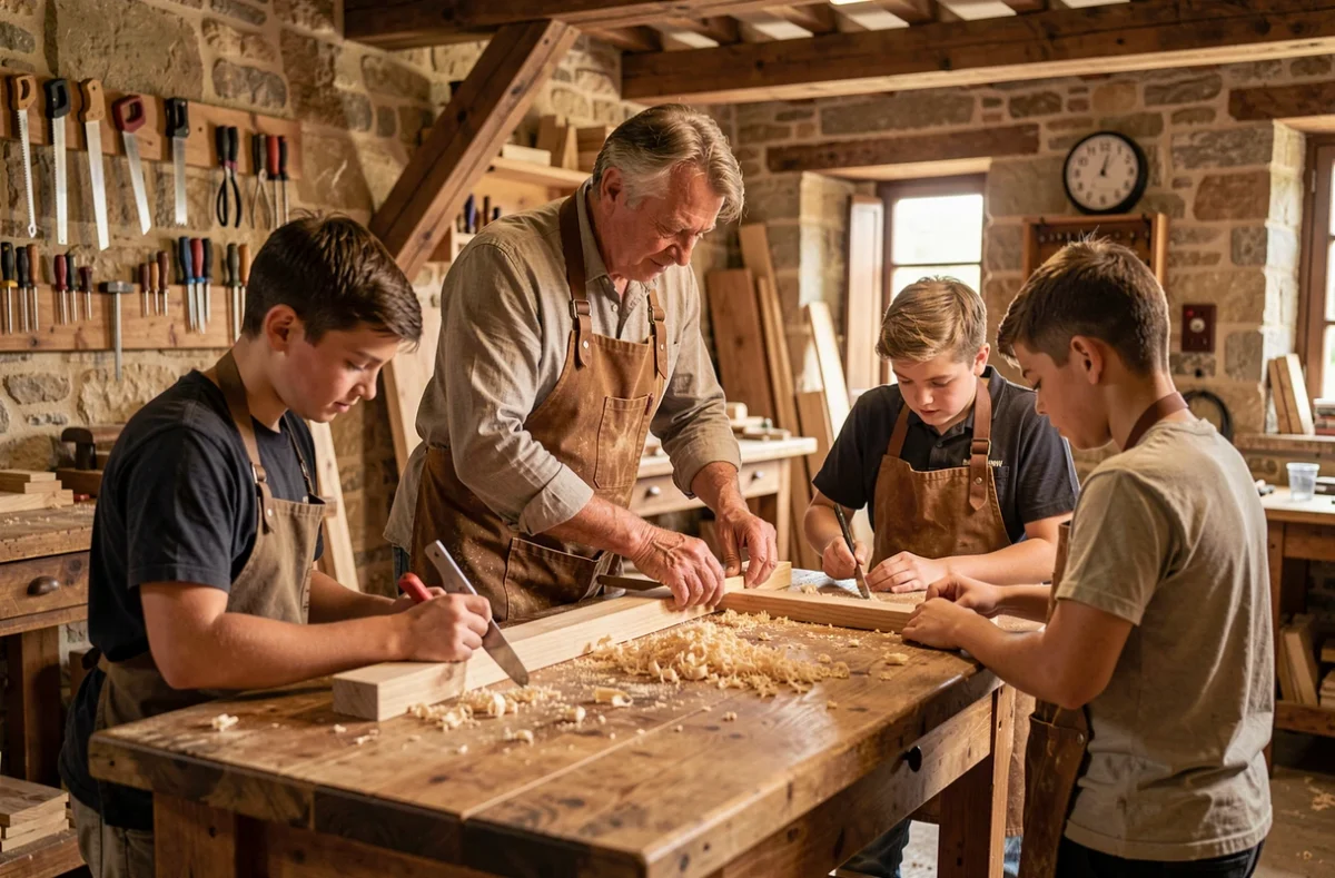 Apprentis en formation artisanale autour d'un établi en bois sous la supervision d'un maître artisan de la CMA Centre-Val de Loire