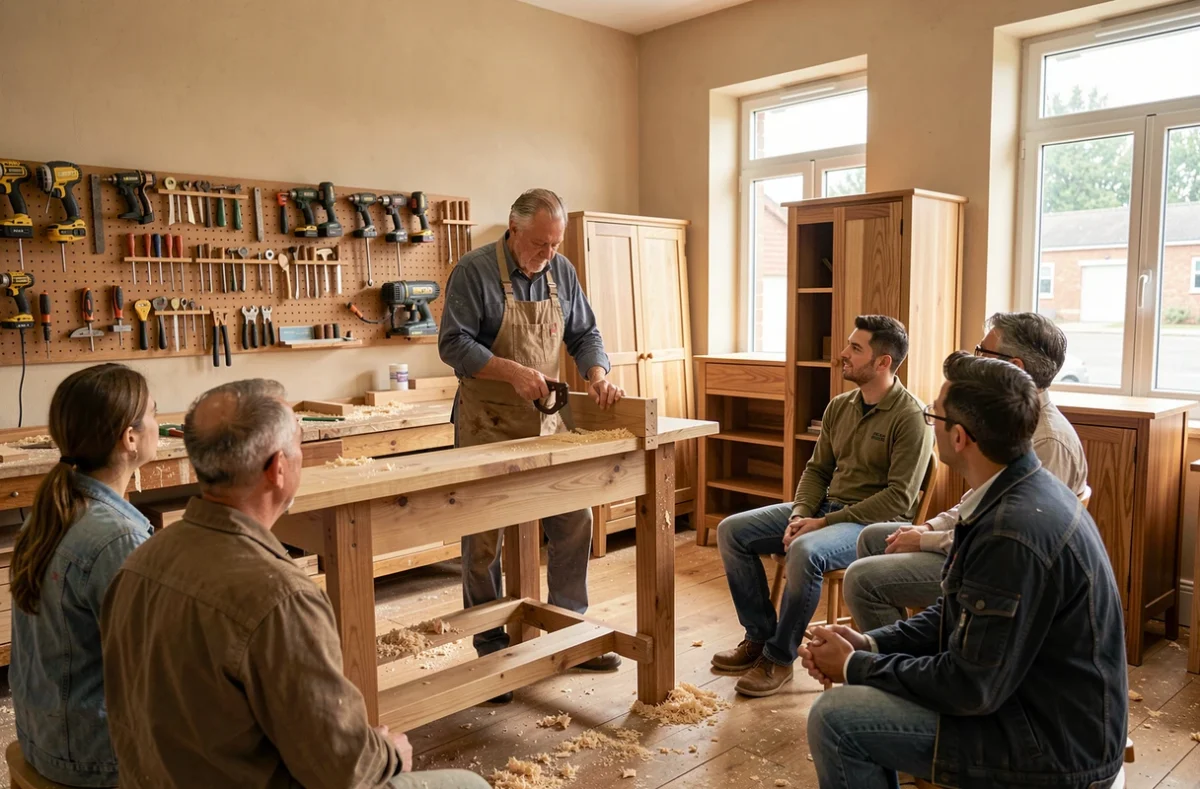 Formateur en ébénisterie de la CMA Formation Le Mans enseignant les techniques d'assemblage à des apprenants adultes dans un atelier artisanal