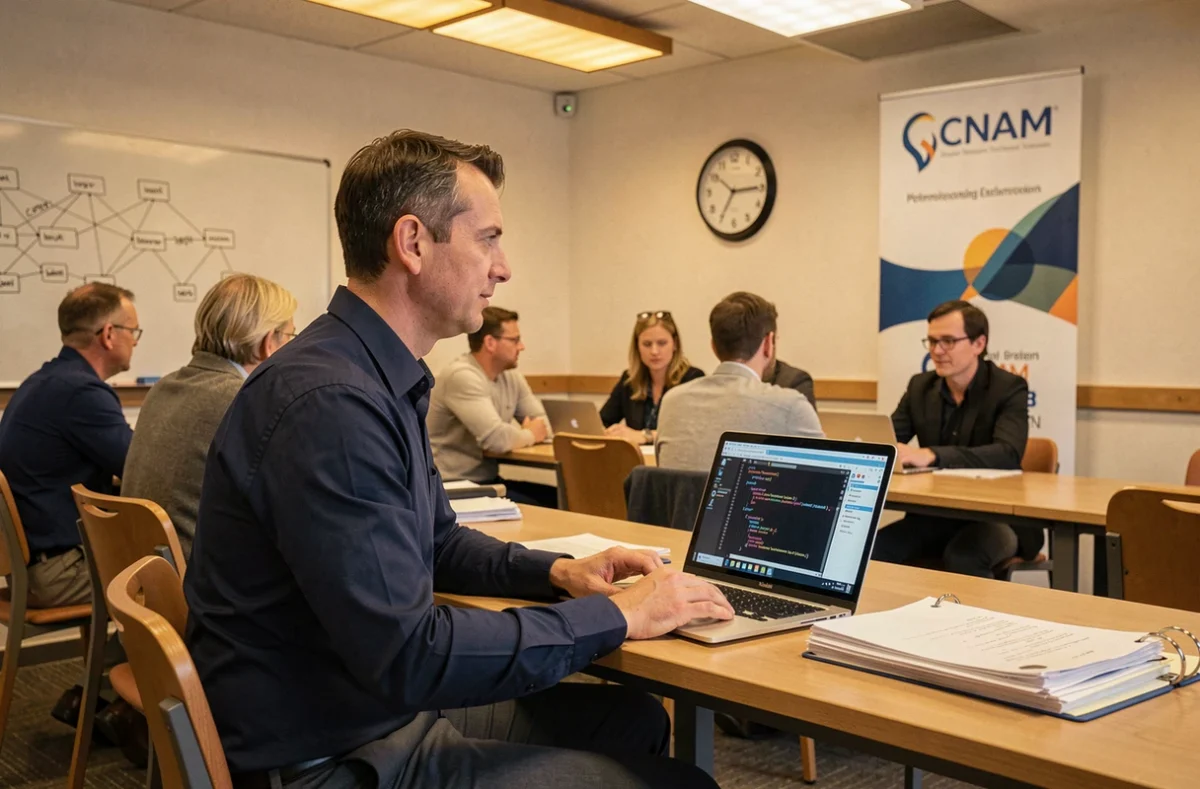 Adulte en reprise d'études suivant un cours du soir d'ingénierie informatique au CNAM Bourgogne-Franche-Comté à Dijon
