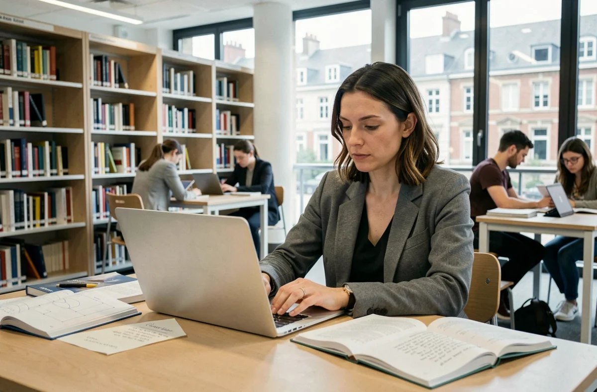 Étudiante adulte en formation continue au CNAM Centre-Val de Loire, travaillant sur un bureau dans une bibliothèque universitaire