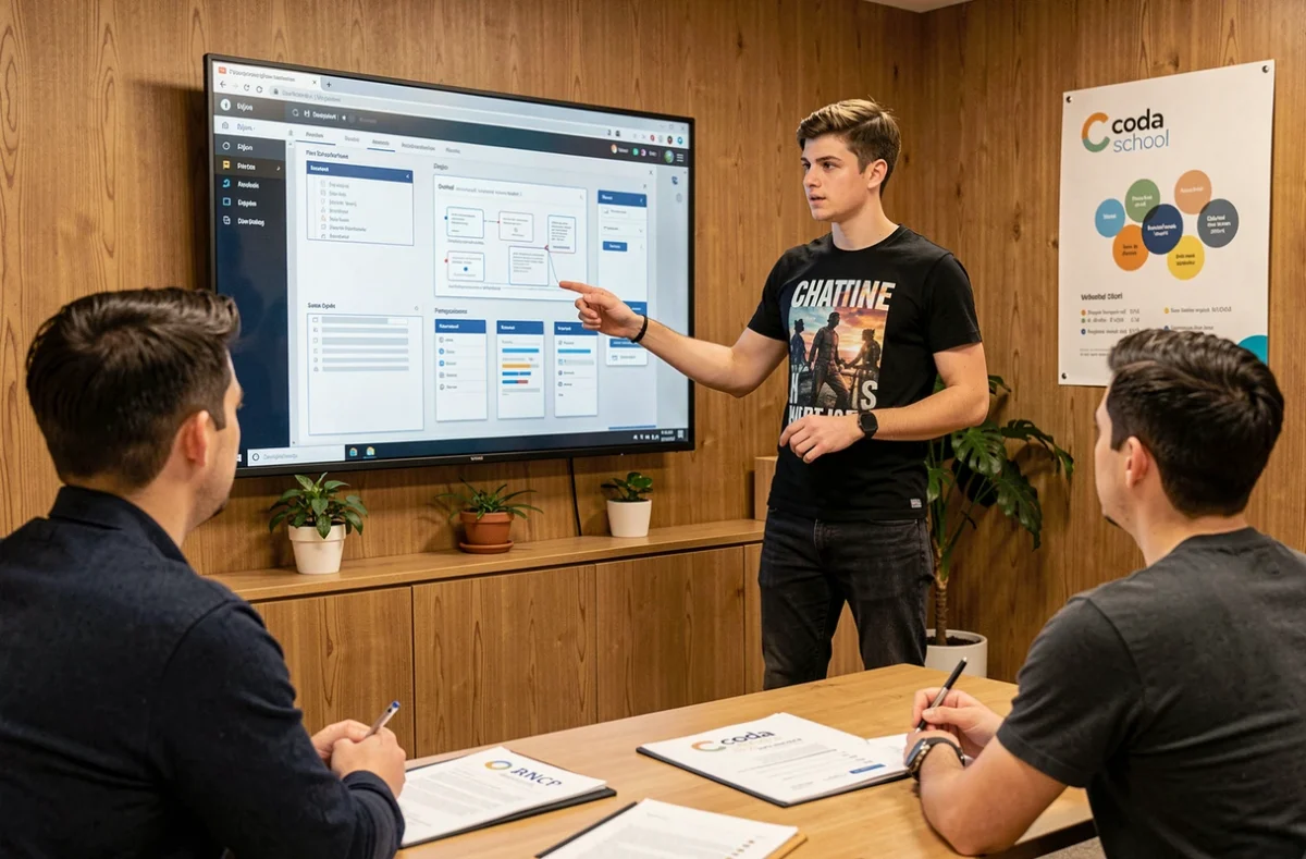 Stagiaire présentant un projet web devant un jury de certification RNCP à Coda Dijon