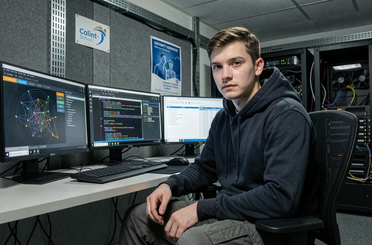 Alternant en mastère cybersécurité analysant des données de réseau sur plusieurs écrans à la Colint-School de Chalon-sur-Saône