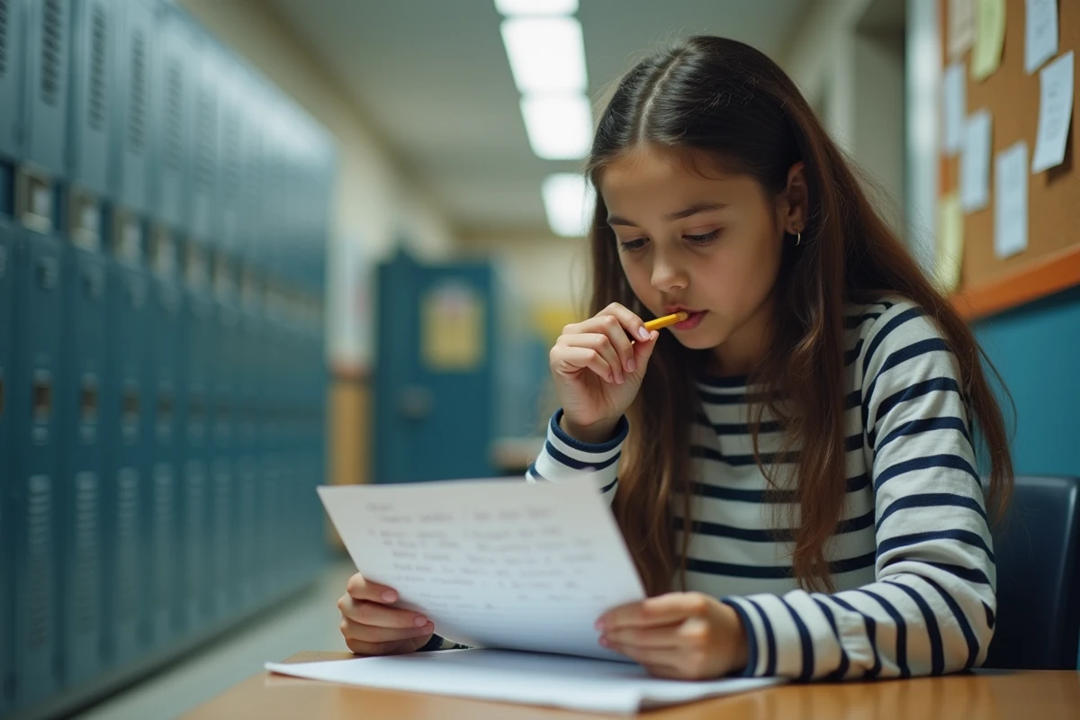 Collégienne préparant son discours de déléguée en révisant un plan en trois parties sur un cahier dans un couloir d'école
