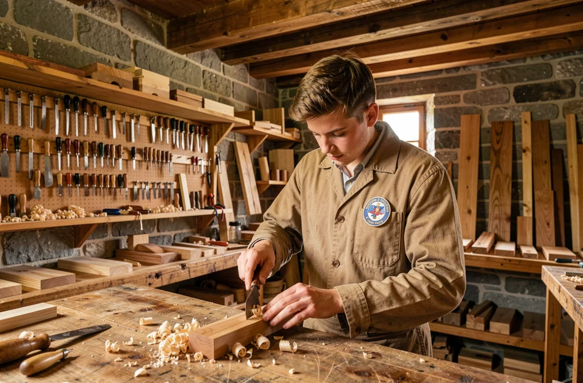 Apprenti Compagnon du Devoir en uniforme traditionnel sculptant le bois dans un atelier artisanal historique