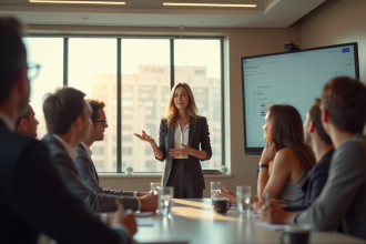 Femme confiante parlant passionnement en conference