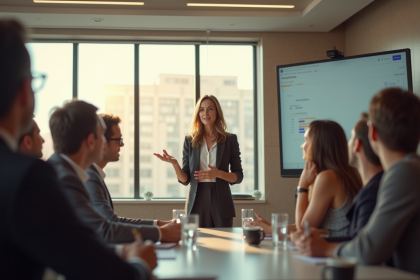 Femme confiante parlant passionnement en conference