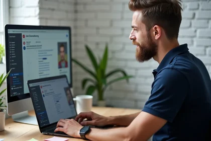 Technicien informatique configurant la messagerie AC Strasbourg sur un ordinateur portable dans un bureau à domicile