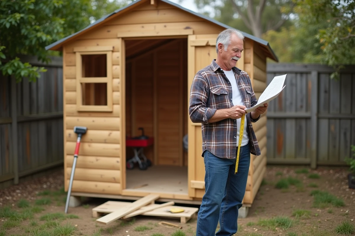 Homme mesure un abri de jardin en extérieur avec outils