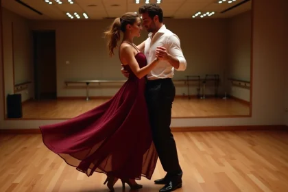 Couple dansant le zouk en salle de danse, illustrant la connexion et la sensualité du zouk dance