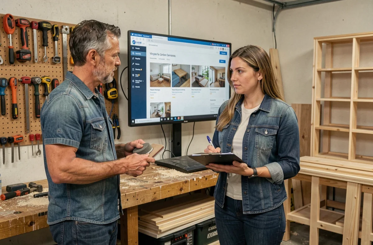 Couple adulte dans un atelier garage consultant un cours de rénovation en ligne comme alternative aux stages de bricolage en magasin