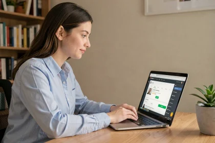 Jeune femme créant un compte professionnel sur une plateforme vidéo pour son premier emploi, assise à un bureau moderne