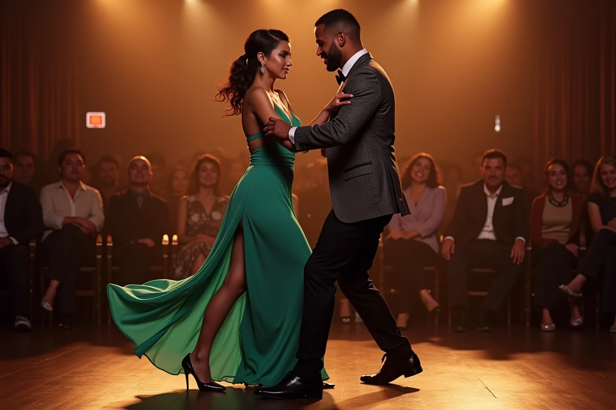 Danseurs de zouk professionnels en performance sur scène lors d'un bal social, robe verte et expression musicale