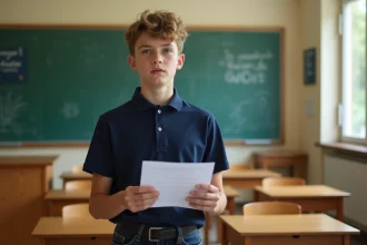 Jeune délégué de collège debout devant un pupitre en bois, tenant son discours manuscrit avec assurance dans une salle de classe