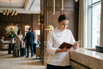 Jeune femme diplômée d'une école hôtelière travaillant à la réception d'un hôtel de luxe