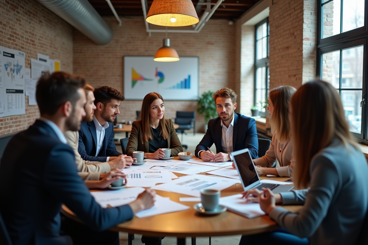 Groupe de jeunes professionnels discutant stratégie communication
