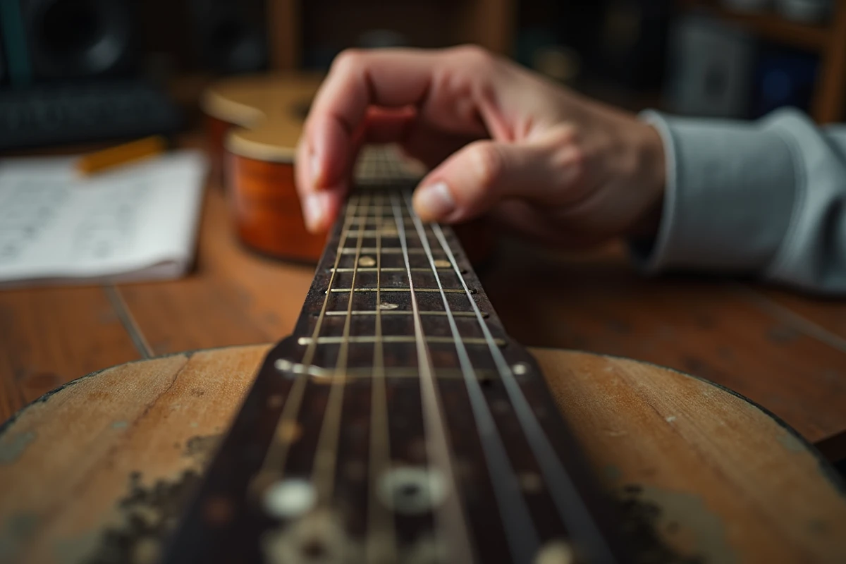 Gros plan sur un doigté d'accord Gm en jazz manouche sur guitare acoustique