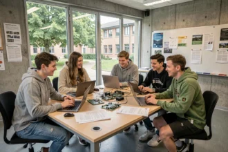 Étudiants en informatique collaborant autour d'ordinateurs dans une école numérique de Bourgogne-Franche-Comté
