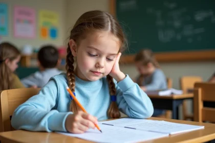 Jeune élève de CE1 lisant un texte à voix haute avec le doigt qui suit les lignes, exercice de lecture suivie en classe