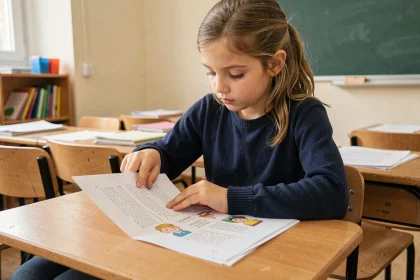 Jeune élève de CE2 lisant attentivement une fiche de lecture imprimée à son bureau en classe