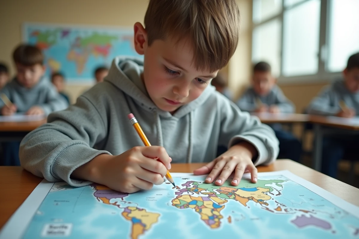 Élève complétant un planisphère muet lors d'une évaluation de géographie en classe