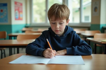 Élève de collège passant l'examen théorique ASSR1 sur la sécurité routière en classe